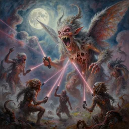 concept art of giant fairy attack, lovecraftian, lots of teeth, melting horror, fluffy feathers, round moon, rich clouds, fighting the horrors of the unknown with lasers, high resolution, very detailed, colorful, roaring, volumetric light, mist, grim, fine art, decaying, textured oil over canvas, epic fantasy art, very colorful, ornate