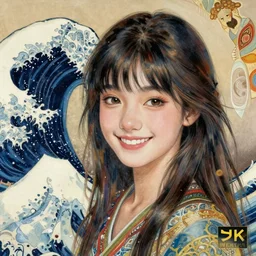 beautiful young heroine portrait like twice tzuyu+happy+smoky eyes+front face with light flowing hair smiling, great wave of hokusai, illustration, fantasy, acryllic spill, intricate complexity, Chinese, goddess, holy, divine, rule of thirds, in the style of Kazuki Tanahashi,  ultradetail face by tian zi and WLOP and alphonse mucha, fantasy character concept,  watermark, blurry, 8k