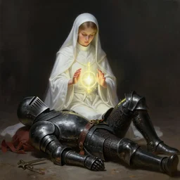 picture of cute priestess using healing magic on a wounded black - armored knight on the floor, digital painting, highly detailed, smooth, sharp contrast, digital painting, by artgerm and greg rutkowski and alphonse mucha