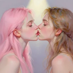portrait of two beautiful girls kissing, intimate, pastel shades of pink, beautiful face, rule of thirds, spotlight, drips of paint, by jeremy mann, by van gogh, digital painting