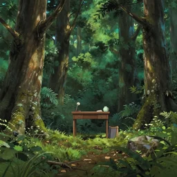 A small desk in the middle of a forest by Hayao Miyazaki