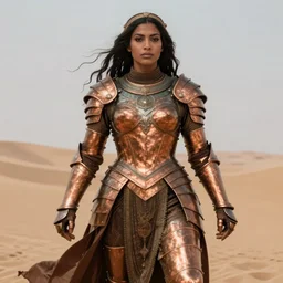 a large powerful arabian woman wearing copper armor, heavy looking, powerful scene, imposing presence, by greg staples and boris vallejo, hyperdetailed, realistic, dark skin, desert lands, sharp focus, soft lighting, centered