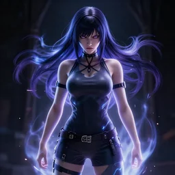 photorealistic full shot portrait of angry darkness anime girl, electric aura, ( ( beautifull eyes ) ) inspired by tim burton, detailed, unreal engine 4 k, volumetric light, fog