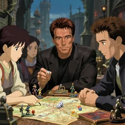 film still dnd, schwarzenegger, beckinsale, theron, lawther sit at table playing dnd, dices map book miniatures, finely detailed features, closeup at the faces, perfect art, at an ancient city, gapmoe yandere grimdark, trending on pixiv fanbox, painted makoto shinkai takashi takeuchi studio ghibli, akihiko yoshida