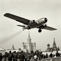 retro photo of flying invasion in Moscow city, high details, 35mm lens
