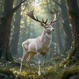 beautiful hyper realistic elven, celestial highly detailed stag, in a beautiful highly detailed forest background. sunlight rays throught the trees. fantasy art, concept art 8 k rendering.