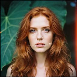 A Hyper realistic and detailed double exposure portrait photography of a redhead woman and a big wide leaves. Cinestill 800T film. Detailed. Cinematic. High quality. expired film. lens flare. contrast.