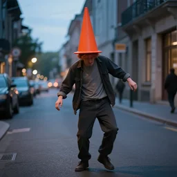 a drunk ginger man with a cone on his wobbling down the street in the evening,