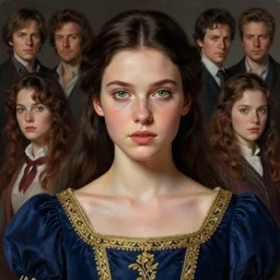 full - length portrait of a princess with green eyes and freckles, dressed in a navy blue gown with gold embroidered details, dark brown hair, detailed face, fantasy, cinematic lighting, digital art painting, fine details by realistic shaded lighting poster by ilya kuvshinov katsuhiro otomo, magali villeneuve, artgerm, jeremy lipkin and michael garmash and rob rey