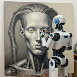 robot artist painting a self - portrait on a canvas. intricate, highly detailed, digital matte painting in the style of gil elvgren and in the style of sachin teng and in the style of h. r. giger. irony, recursion, inspiration.