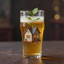 a tiny house growing inside a glass of beer, bokeh, studio lighting, concept art, digital painting, oil painting, hyperrealistic, beautiful, highly detailed, artstation, cgsociety