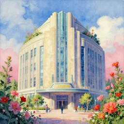 painting of an art deco building surrounded by flowers, a watercolor and matte painting by beeple and rhads and mark keathley, wes anderson, cgsociety, artdeco!!, dystopian art, retrofuturism, sci - fi, artstation hq