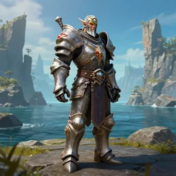 human paladin from world of Warcraft, standing in booty bay. Unreal engine