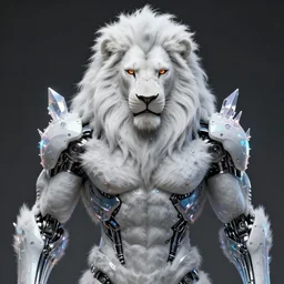front shot of a muscular male albino white furry lion character, holographic crystals, bionic futurism, robotic cyborg, 8 5 mm f 1. 8, ominous elegant detailed concept artstation sharp focus ray tracing cinematic masterpiece fine portrait, by artgerm greg rutkowski tooth wu beeple