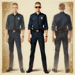 detailed character full body character concept portrait of a skinny buzzcut androgynous handsome federal government agent sunglasses artgerm greg rutkowski mucha