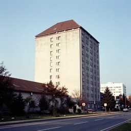 a tall building with a brown roof next to a road, a matte painting by zlatyu boyadzhiev, unsplash, new objectivity, hdr, photo taken with provia, photo taken with ektachrome