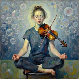 portrait of a young violinist sitting on a stool meditating, painted by vincent lefevre and hernan bas and pat steir and hilma af klint, psychological, symmetrical face, dripping paint, washy brush, background with hundreds of bubbles of memories, rendered in octane, altermodern, masterpiece