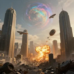 The futuristic sci-fi city has tall brutalist architecture buildings, some giant spaceships just left the city, a gigantic asteroid is hitting the city, there is a big explotion, half of the city is destroyed, the background has a detailed heavenly and iridescent light, matte painting, concept art, dramatic lighting, golden hour, 4k, 8k, trending on Artstation, realistic