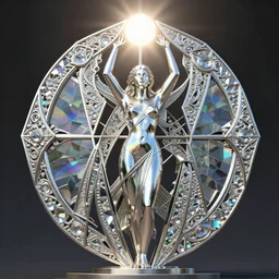 geometric mathematical shaped metal sculpture with ornate crystal glass elements reflecting rainbows into iridescent patterns, female figure within the sculpture with her arms towards the sky, sun shining down upon the scene, style of jack storms, octane render, 4 k, intricate, detailed, 3 d, refined, smoothed, facing the camera, portrait