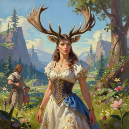 a portrait painting of female megaloceros giganteus wearing dress ， humanoid, anthropomorphic, personify, trending on artstation by wenjun lin, irakli nadar, bright colors, octopath traveler, wenjun lin, unreal engine 5 highly rendered, global illumination, radiant light, detailed and intricate environment