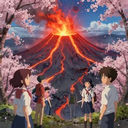 lava, volcano eruption, cherry blossoms, unreal engine, fantasy art by greg rutkowski, loish, rhads, ferdinand knab, makoto shinkai and lois van baarle, ilya kuvshinov, rossdraws, tom bagshaw, global illumination, radiant light, detailed and intricate environment