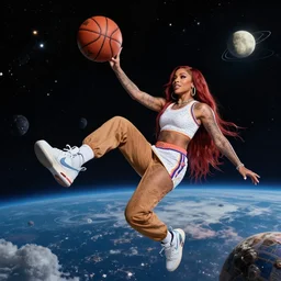 Doja Cat dunking basketball in outer space