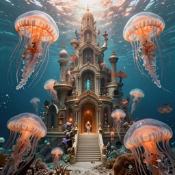 hyperrealistic hyper detailed underwater neo-rococo city of atlantis surrounded by giant pearlescent jellyfish matte painting concept art maciej kuciara gustave courbet cinematic soft orange lighting low angle hd 8k sharp shallow depth of field