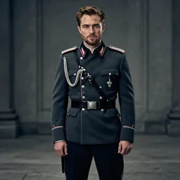 fullbody portrait of robert pattinson as ss standartenfuhrer, dramatic cinematic noir, no headdress, detailed, 8 k, by lucasfilm and greg rutkowski