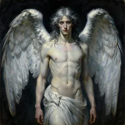 Say who is this with silver hair so dark and Wan! and thin? beautiful lone single Male!! angel, Hades Death, in the style of Jean Delville, Lucien Lévy-Dhurmer, Fernand Keller, Fernand Khnopff, oil on canvas, 1896, 4K resolution, aesthetic, mystery