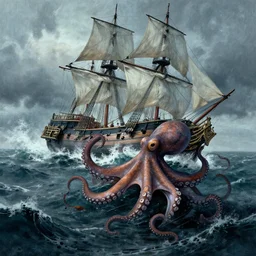 An octopus emerging from the stormy ocean depths attacking a 17th century Ship-of-the-line, atmospheric, dramatic, concept art by Peter Mohrbacher