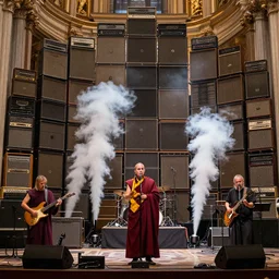 a high resolution photograph of sunn o ) ) ) playing live at the vatican with monk robes, smoke machines, huge walls of amplifiers, many amplifiers stacked high, ornate