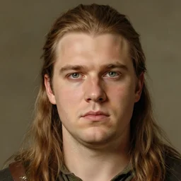a warrior in his twenties with long light brown hair tied back, light green eyes, a large forehead, a widows peak and a round face with high cheekbones and full lips as a realistic d & d fantasy character, portrait art by donato giancola and greg rutkowski, vintage retro, realistic face, digital art, trending on artstation