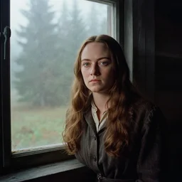 portrait bust of emma stone, solemn expression, faded color film, russian cinema, tarkovsky, kodachrome, old cabin, next to window, heavy forest outside, long brown hair, old clothing, heavy fog, hudson river school, 4 k, dramatic lighting, greg rutkowski