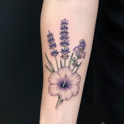 botanical tattoo covering a person's forearm including flowers of lavender, verbena, hibiscus, and dandelion intertwining, tattoo design, inking on skin, sleeve tattoo