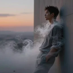 side view of a man made of swirling smoke and tendrils of fog leaning against a wall, twilight colors, cinematic, highly detailed, digital painting, artstation, concept art, smooth, sharp focus, illustration