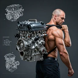 a muscular bald man carrying engines on his back, technical diagram, diesel engine, gasoline engine, combustion engine