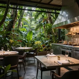 jungle in the place of a kitchen in a michelin star restaurant