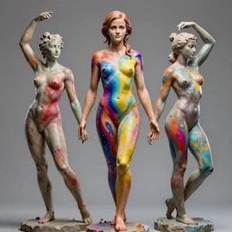 sculpture of Emma Watson by Jean-Baptiste Carpeaux and Luo Li Rong and Michael James Talbot, all body, standing athletic pose, perfect symmetrical face, colorful, bright psychedelic colors, bodypaint, acrylic paint splashes, in full growth, elegant, realistic, 8K, female full-skin figure, hyperrealism, subsurface scattering, raytracing, rim light, Octane Render, Redshift, Zbrush