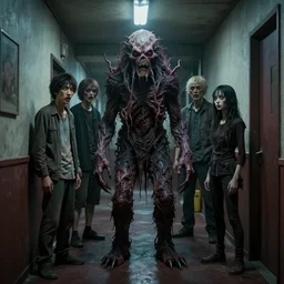 beautifully hyperrealistic cinestill octane render of creepy monster entity creature designs by yasushi nirasawa, hiroya oku, junji ito, apartment hallway, deep aesthetics of weirdcore