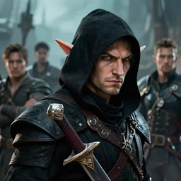 A head and shoulder portrait of a DnD deep gnome rogue with two daggers at his waist and he is wearing a black hood by Greg Rutkowski, Sung Choi, Mitchell Mohrhauser, Maciej Kuciara, Johnson Ting, Maxim Verehin, Peter Konig, final fantasy, 8k photorealistic, cinematic lighting, HD, high details, dramatic, epic atmosphere, trending on artstation