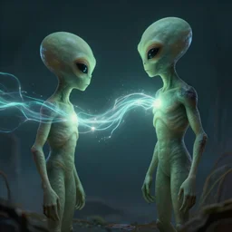 An alien stands over a human, you can see a glowing stream of consciousness flowing between them, trending on artstation, hyper realistic