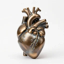 bronze anatomical heart model, studio product photography, isolated on a pure white background, centered, entire object in frame, sharp focus, soft studio lighting
