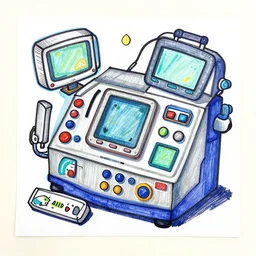 a kid's painting of a complex machine that has different screens, buttons and shapes, detailed
