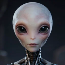 A potrait of a cyborg alien with big and cute eyes, fine-face, realistic shaded perfect face, fine details. Night setting. Realistic shaded lighting poster by Ilya Kuvshinov katsuhiro, magali villeneuve, artgerm, Jeremy Lipkin and Michael Garmash, Rob Rey and Kentarõ Miura style, trending on art station