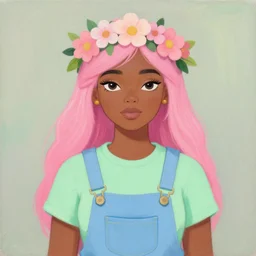 Female brown skinned satyr with pink hair and a flower crown wearing a pastel green shirt with pastel blue overalls, Painting