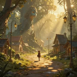 a fantasy landscape with strange creatures walking the forest and fun buildings and streets, intricate street lamps and morning sunshine, realistic, painting, great lighting, golden hour, golden rule