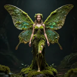 full body pose, hyperrealistic photograph of moss fairy, symmetrical wings, dim volumetric lighting, 8 k, octane beautifully detailed render, extremely hyper detailed, intricate, epic composition, cinematic lighting, masterpiece, trending on artstation, very very detailed, stunning, hdr, smooth, sharp focus, high resolution, award, winning photo, dslr, 5 0 mm