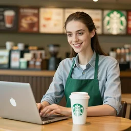 slenderman working at starbucks, stock photo, cheerful lighting