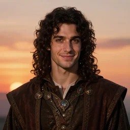 a character portrait of a medieval fantasy elven prince, beautiful, dark curly hair and brown eyes, smiling, kind, rich clothing, sunset sky background, very detailed, amazing quality, stunning, by rebecca guay and alphonse mucha and ilya kuvshinov, artstation, pixiv, digital art,