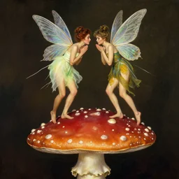 masterpiece full body portrait of a two beautiful fairies romping on a giant amanita muscaria mushroom cap, by Edgar Maxence and Ross Tran and Michael Whelan and Gustav Klimpt